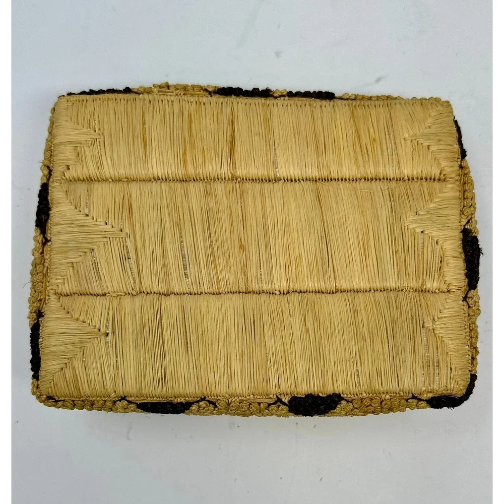 Vintage Hand Woven Raffia Straw Decorative Box Diamond Pattern Boho Decor 6.5